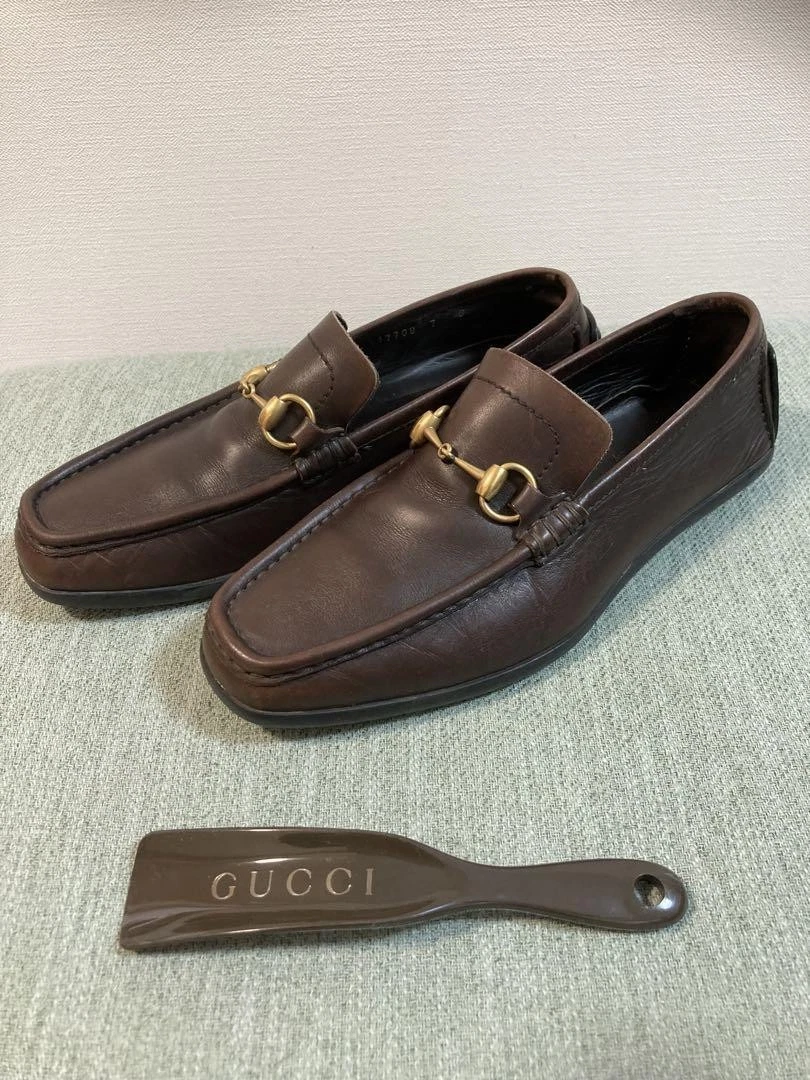 Mocassins plats homme GUCCI cuir véritable marron doré taille 41 US7,5 logo Horsebit
