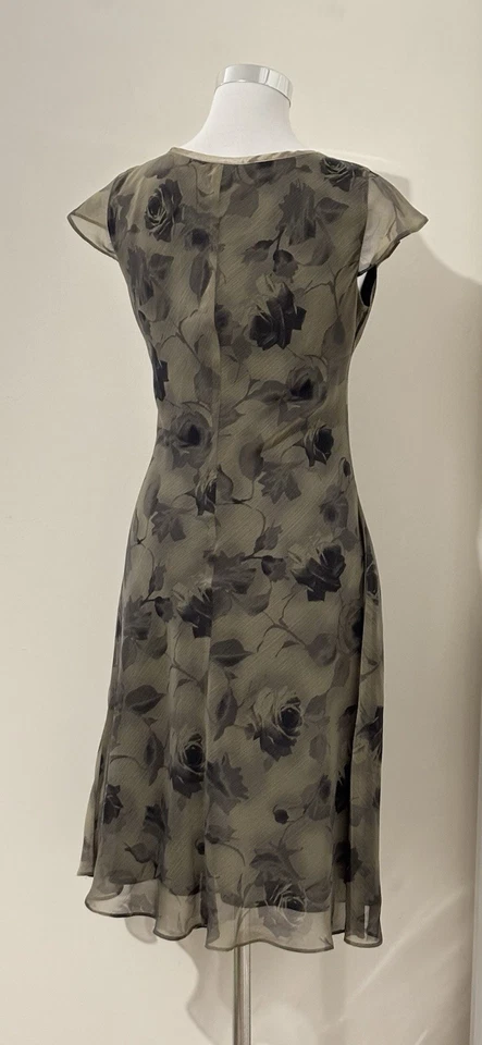 Vintage 90s Cue Mini Dress Size 10 Khaki Black Floral Roses Cap Sleeve Evening - image 4 of 4