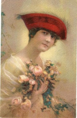 Oblaten scrap chromo Karte  Dame ''Blumen MB 2526'' 13,8 cm