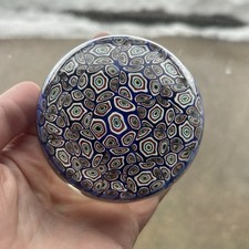 Millefiori Art Glass Paperweight Concentric Circles Murano Style Blue White 3