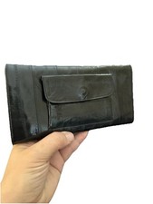 Vintage Women  s Black Eel Skin Leather Bifold Wallet With Coin Pouch EUC