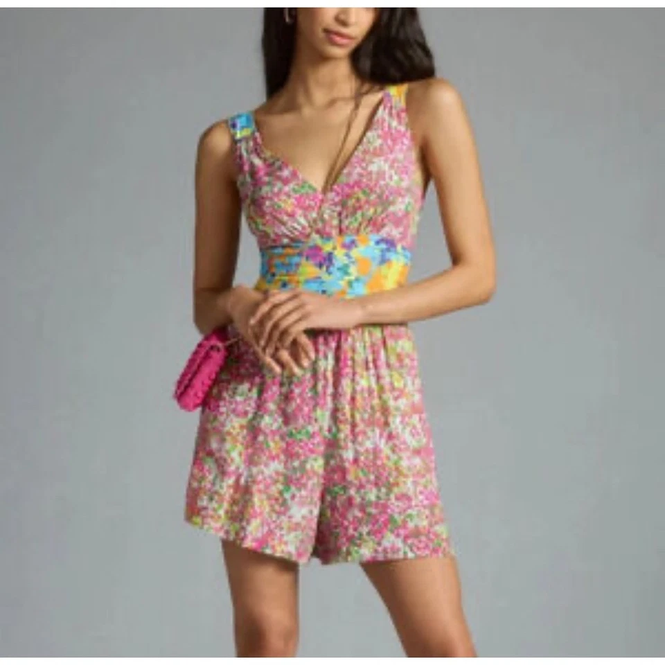 Anthropologie Plenty Tracy Reese Floral Romper V Neck Back Tie Sleeveless Small - Image 2 of 4
