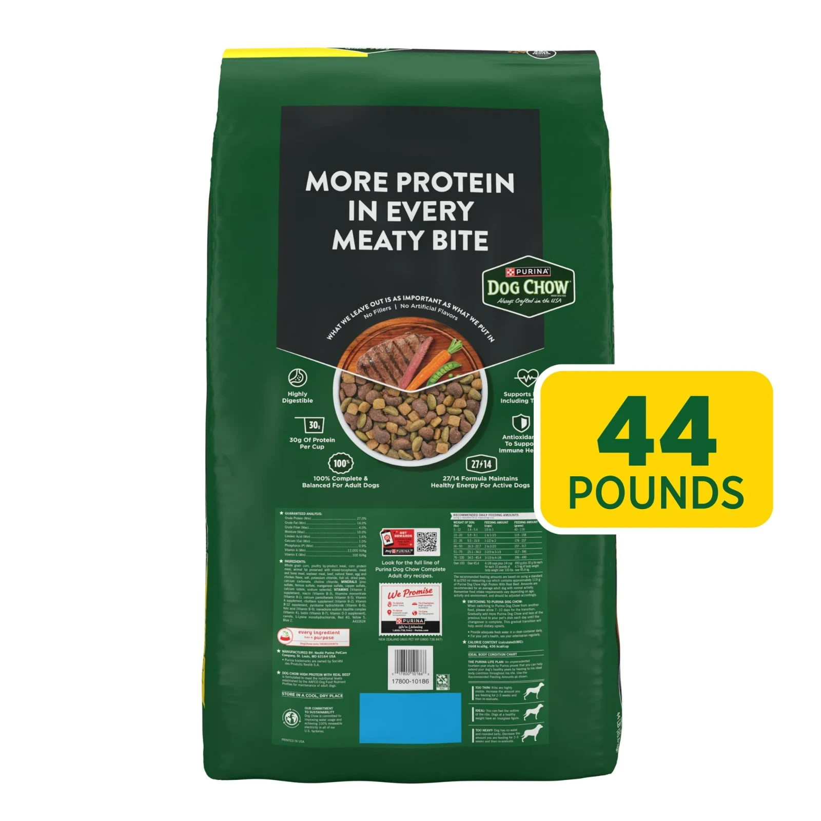 Purina Dog Chow High Protein Dog Food Dry Recipe with Real Beef, 44 lb Bag