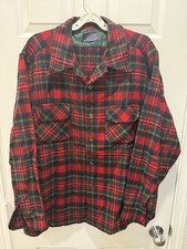 Vintage 1970s Pendleton Loop Collar Flap Pocket Plaid Flannel Shirt Red XL Clean