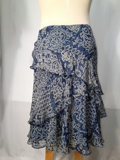 Lauren Ralph Lauren Silk Ruffle Tier Paisley Midi Skirt Navy Blue Cream L