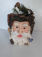 Vintage Woodland Santa Head Planter Faux Carved Wood 8" High 7" Across