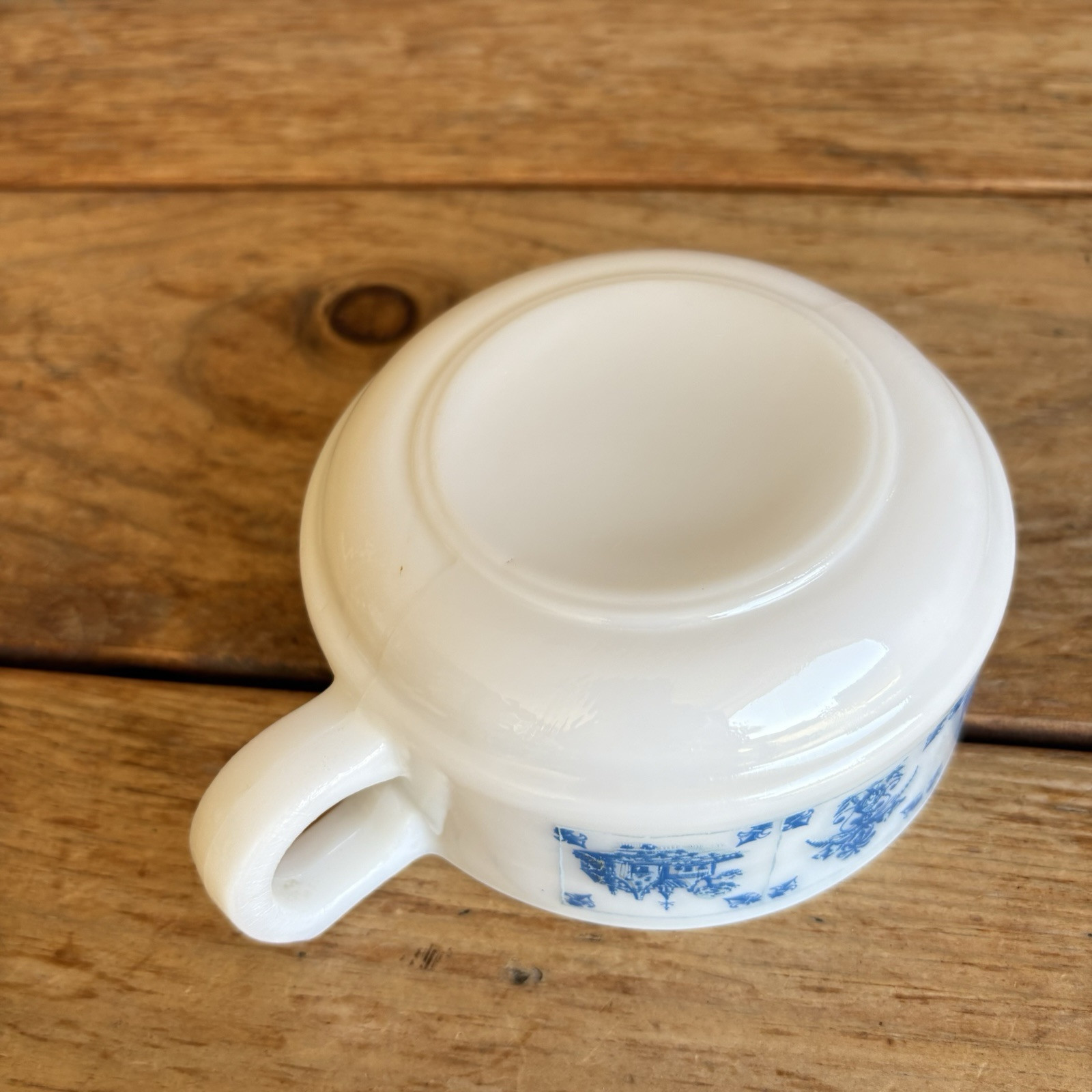 Vintage Hazel Atlas Hazel Ware Milk Glass Handle Soup Bowl Delft Blue Print