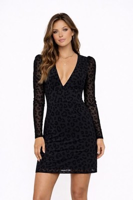 LUSH Black Flocked Leopard Mesh Mini Dress Sheer Long Sleeve Party M