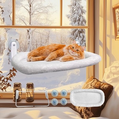 L&W BROS. Cat Window Perch Cushion Bed Hammock with 4 L, White and Gray