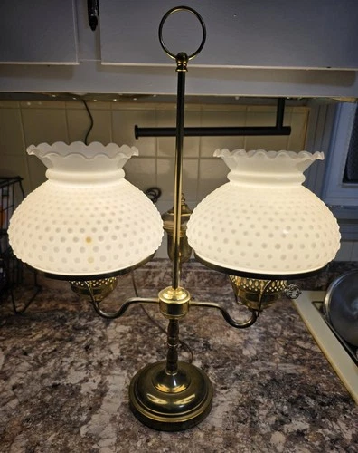 Double Arm Brass Milk Glass With Hobnail Shades Oil Font Lamp Light 22" MCM VTG