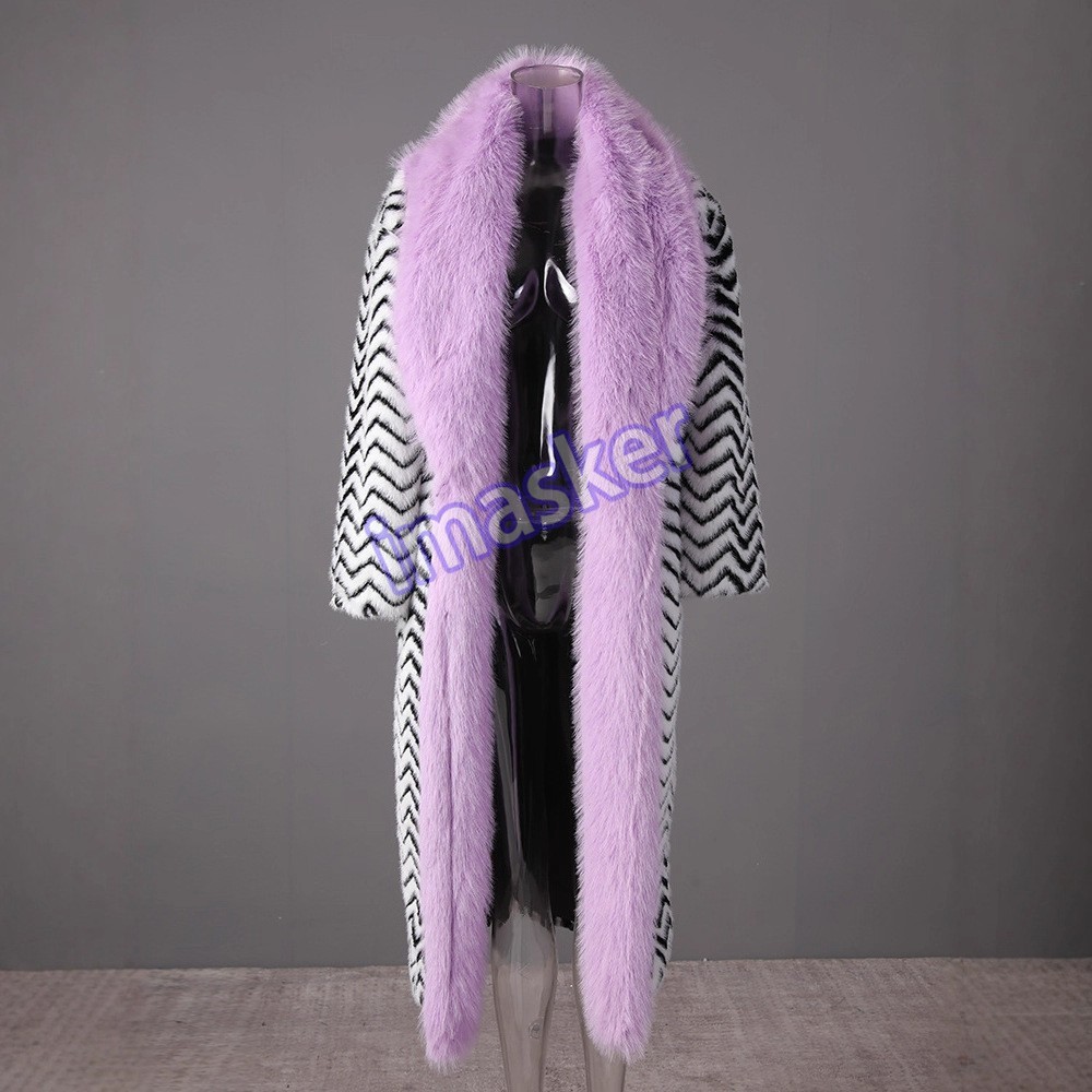 Winter Womens Long Faux Fur Warm Jacket Lapel Collar Knee Length Wool Fur Coats