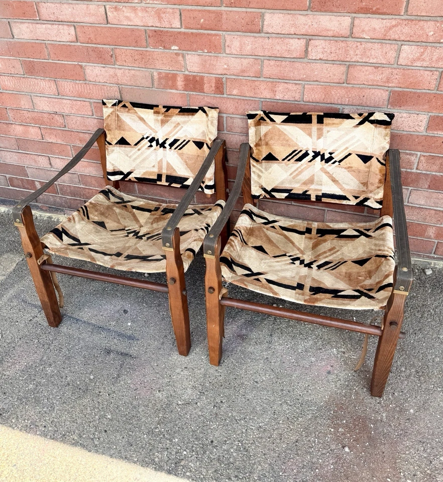 Scarce Pair Of Vintage Gold Medal MCM Safari Low Rider Chairs Arne Norell Sling - Image 4 of 4