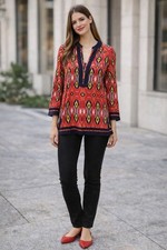 Tory Burch 100% Cotton Ikat Tunic Top Pink Red Boho V-Neck 3/4 Sleeve XS