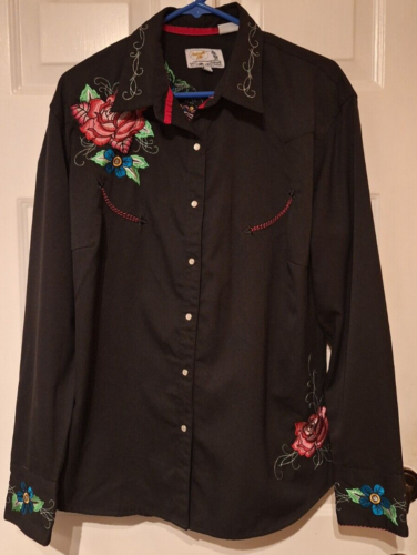 Panhandle Slim Retro Western LS Shirt Womens 1X Black Red Embroidered Pearl Snap