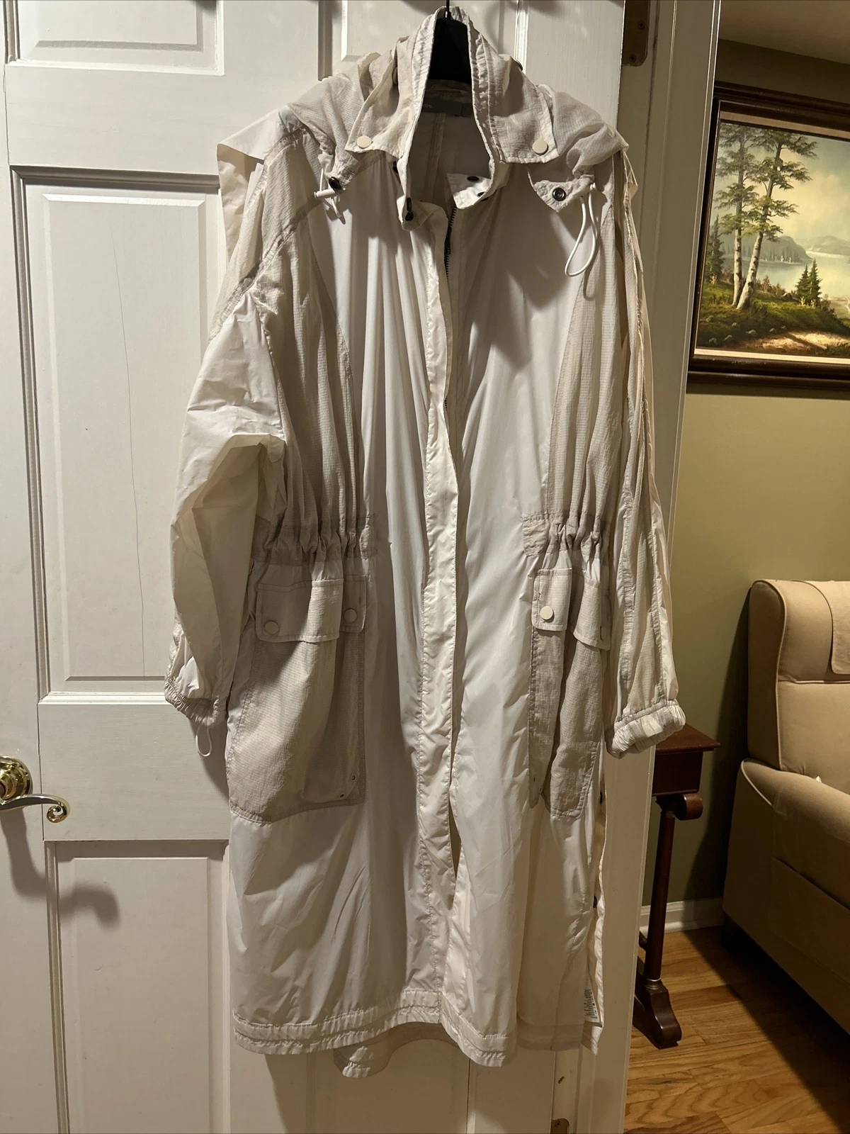 OFF WHITE Cappotto frangivento Vince donna beige avorio manica lunga tasche cerniera intera grande