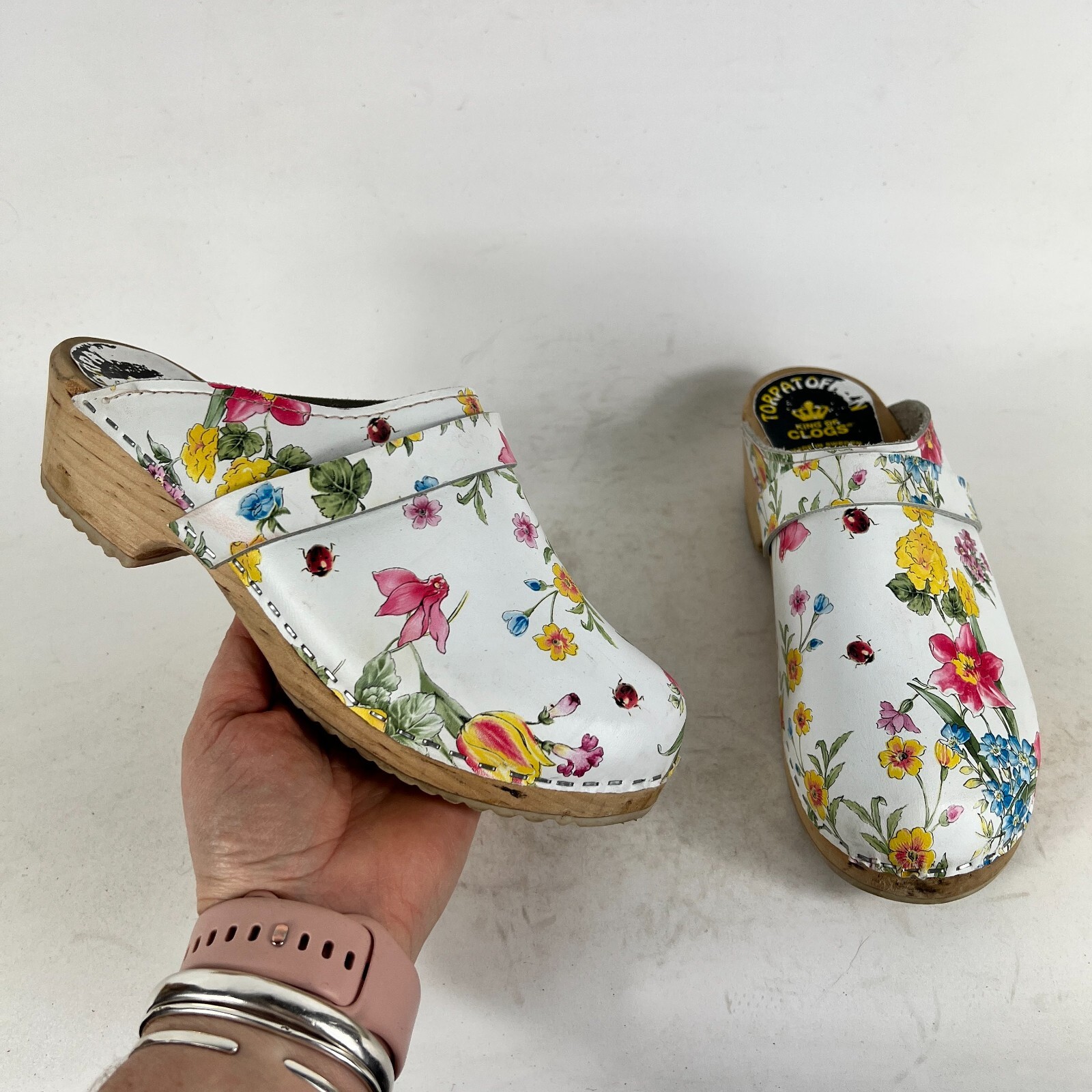 Torpatoffeln Clogs Women 6.5 White Floral Leather Comfort Molded Footbed Slip-On-image