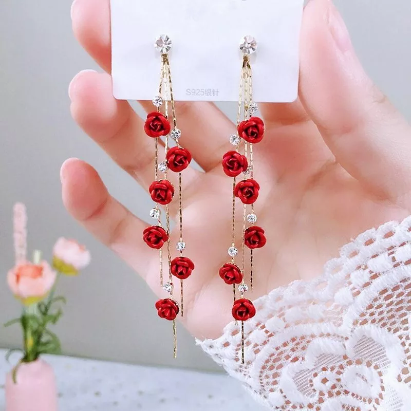 2021 Red Rose Drop Earrings Long Tassel Dangle Women Wedding Party