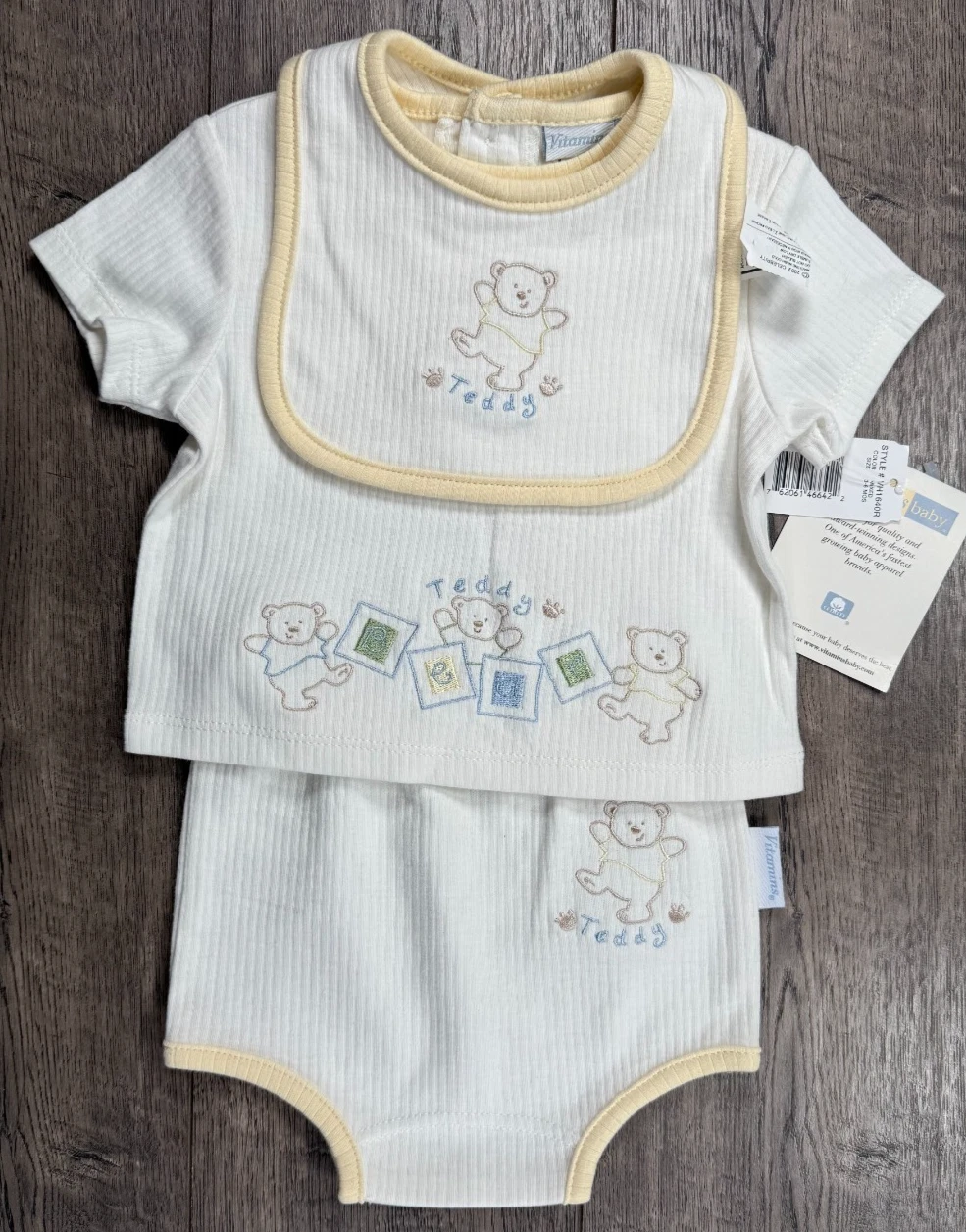 Baby Boy Clothes New Vitamins Baby 3-6 Month 3pc Teddy Bear Outfit & Bib