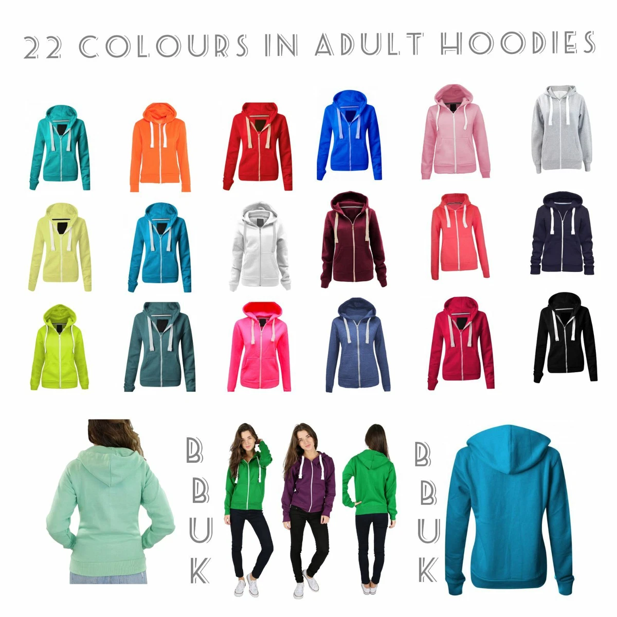 Ladies Womens Plain Zip Up Hoodie Sweatshirt Fleece Jacket Hooded Top UK 8  To 22