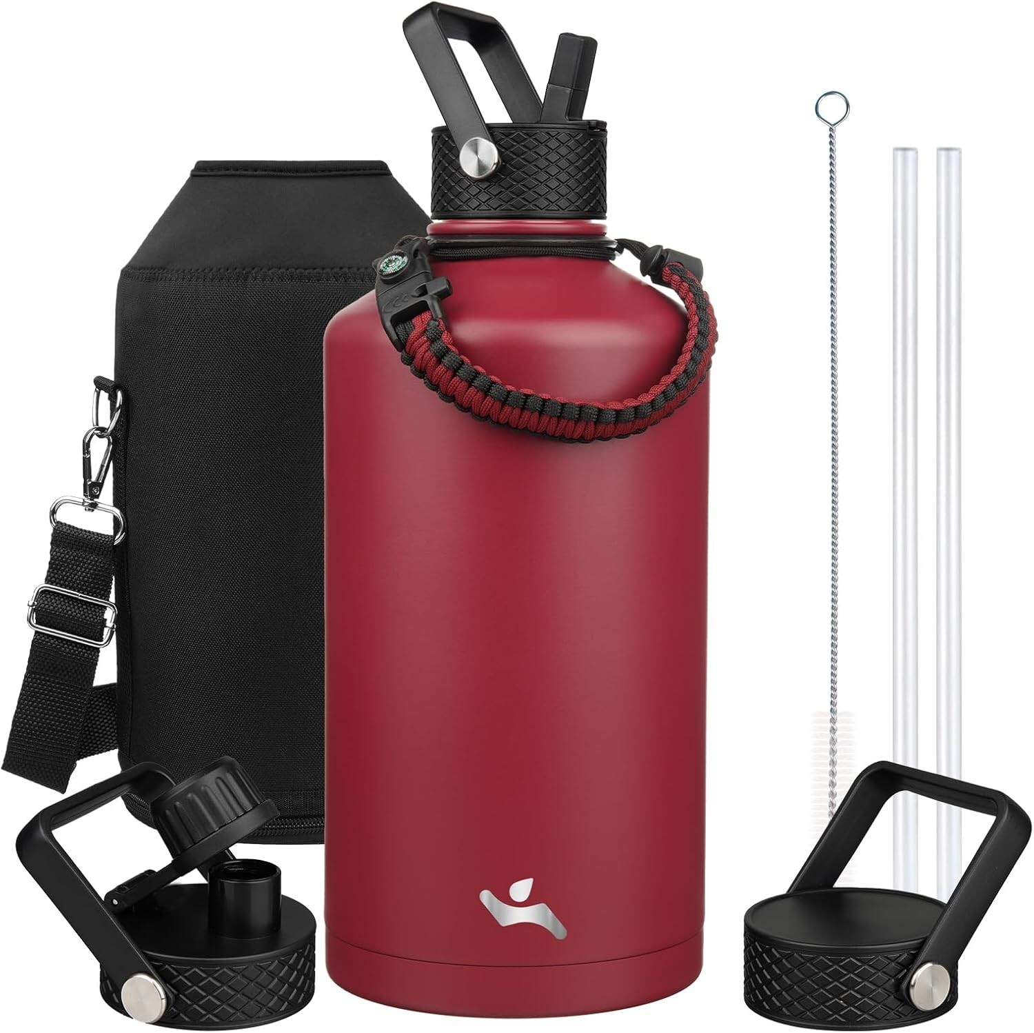 Gallon Insulated Water Bottle 128 oz with 3 Lids & Paracord Handle - Dark Red