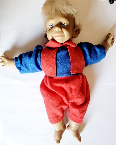 Vintage Little Boy Doll 12" Inches Blue Red Clothes Blonde Hair Blue Eyes