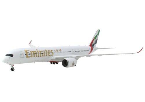Airbus A350-900 avion commercial Emirates Airlines blanc avec bande arrière jumeau - Photo 1 sur 4