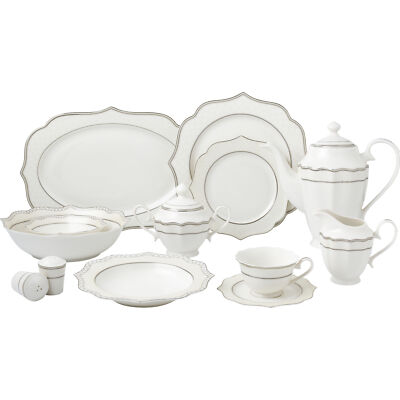 57 Pieces Bone China Dinnerware Set Service for 8 - Wavy Silver Mix and Match