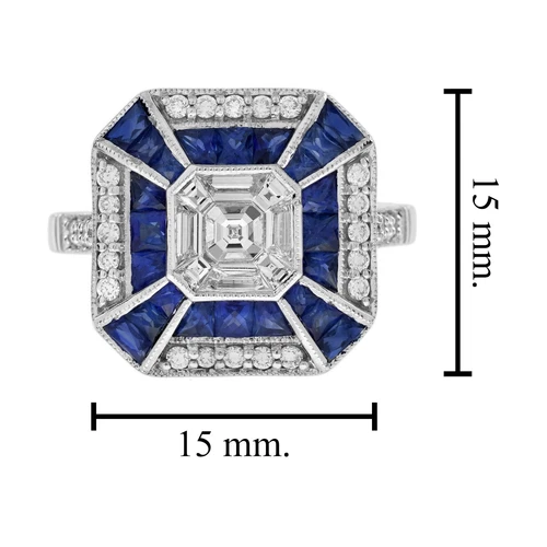 18K Gold 0.45 Ct. Diamond Illusion Set Sapphire  Art Deco Style Hexagon Ring - Picture 7 of 11