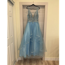 Blue Embroidered Tulle Sleeveless Ballgown Prom Dress, Long Formal Women's