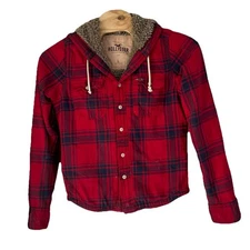 Vintage Y2K Hollister Sherpa Lined Jacket Men’s Large Plaid Flannel Shacket Hood