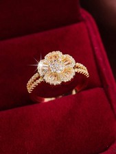 Gold Flower Ring Size 9 With White Crystals For Women