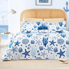 King Size Quilt Bedding Set Coastal White Bedspreads - Summer Beach Nautical