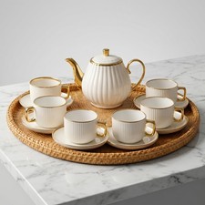 Premium White & Gold Ceramic Tea Set | Ribbed Teapot, 6 Cups & Saucers