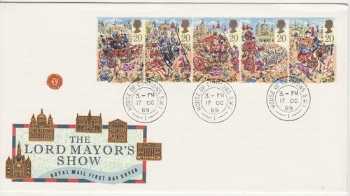 GB Stamps First Day Cover Lord Mayors Show London, flag HOUSE of COMMONS PM 1989