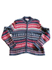 Vintage Tiara Fair Isle Sweater Chunky Cardigan Petite M Red Blue Knit Cabincore