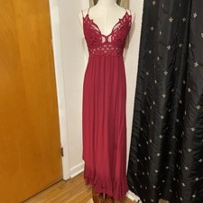 Free People Adella Maxi Slip Dress Dark Red Womens Med Boho Crochet Lace