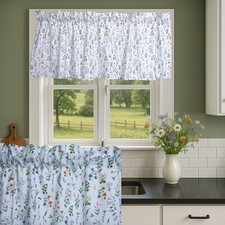 Wildflower Sprig Watercolor Botanical White Cottagecore Kitchen Valance Curtain