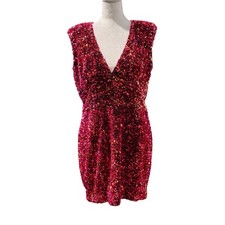 Helsi Jodi Plunging Sequin Mini Dress Women XL Pink Red V-Neck Cocktail