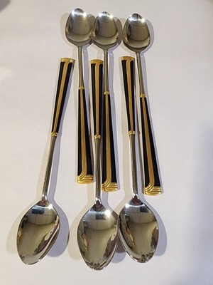 SET OF 6- RETRONEU NOIR D'OR 8'' ICE TEA SPOONS BLACK/BRASS GOLD