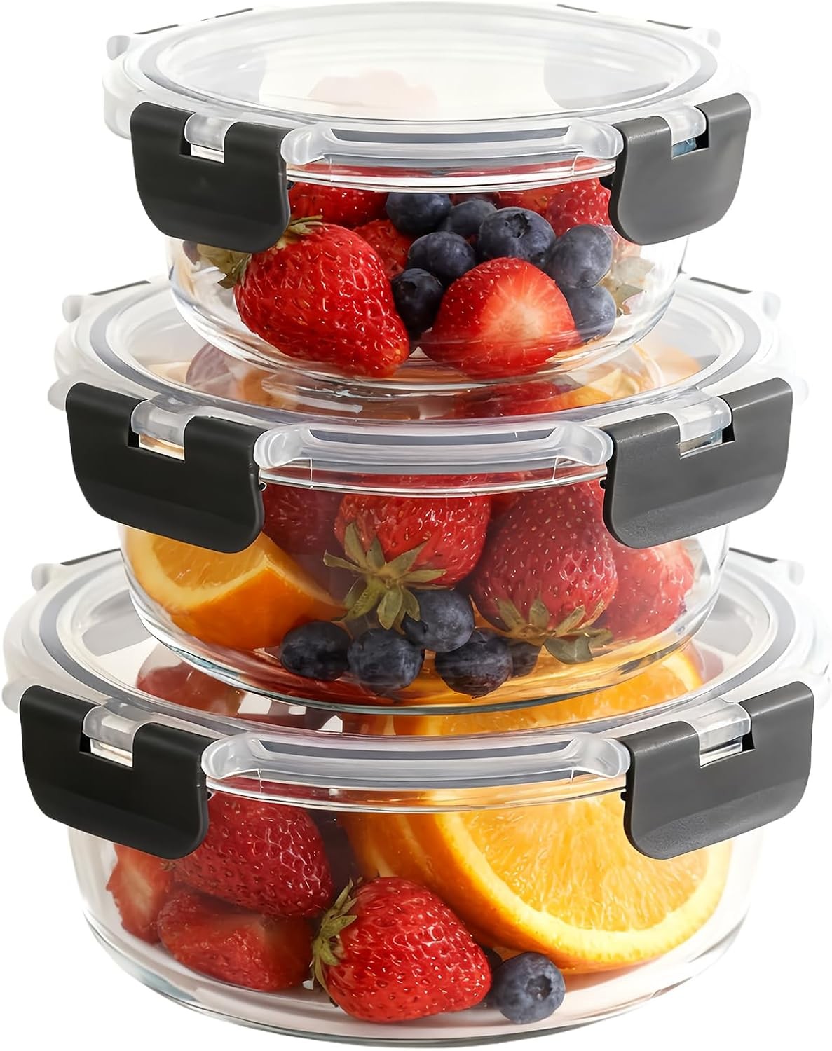 Round Glass Food Storage Containers 3 Pack Airtight Meal Prep Lunch Boxes BPA