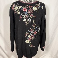 Tiara International Black Floral Embroidered Sweater Size M Long Sleeve