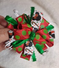 Girls Set Of 2 Red Green Christmas Minnie Bows Hair Clips Hand Made NEW On Card