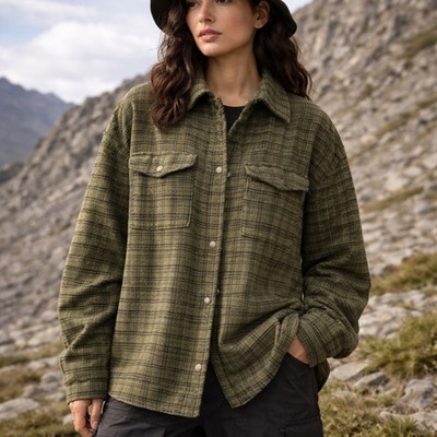Womens Green Plaid Shacket Shirt Jacket Long Sleeve Button Down Size L