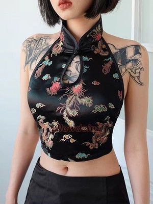 S M L Sexy Backless Halter Top - Chinese Style Print Cropped Sleeveless Tank NEW