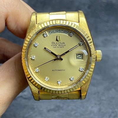 RARE BULOVA Super Seville Day & Date Automatic Gold Dial Diamond Index Watch Men