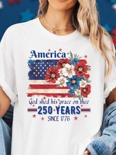 America 250 Years Semicentennial Graphic Tee - Patriotic Floral USA Flag T-Shirt