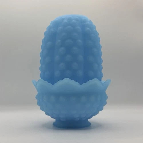Vintage Fenton Fairy Lamp Blue Hobnail Milk Glass Candle Holder