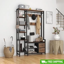5 in 1 Multifunctional Hall Tree W/ Bench Shoe Rack Hooks Organizer Storage New