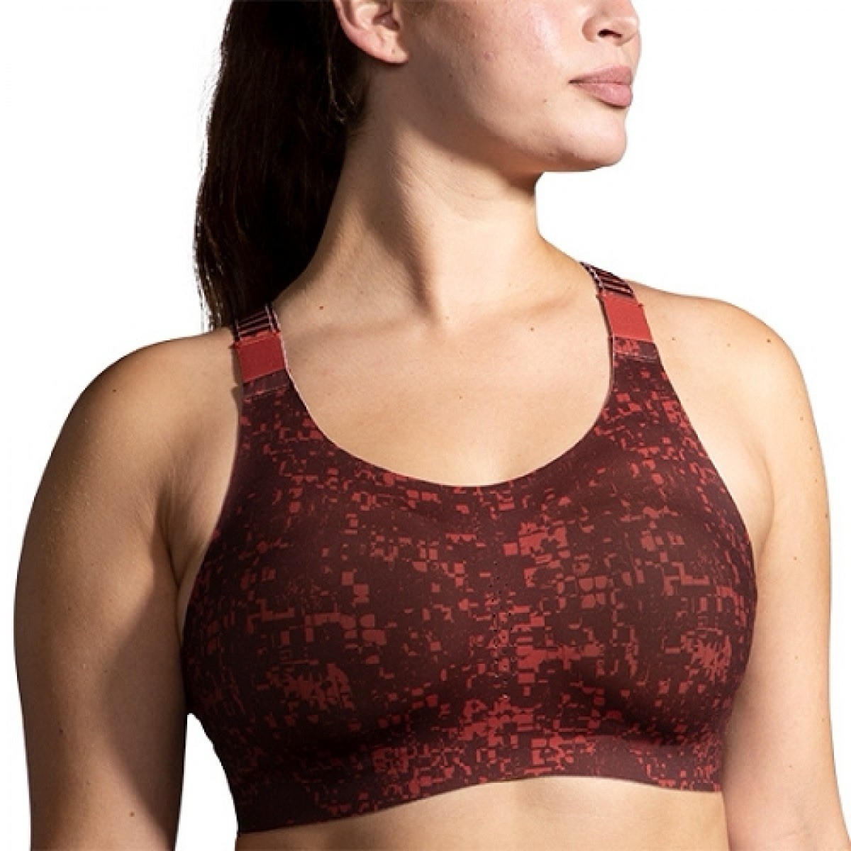 Brooks Dare Racerback 2.0 Crossover Run Bra Glitch Print Copper 350085213 Sz 34D