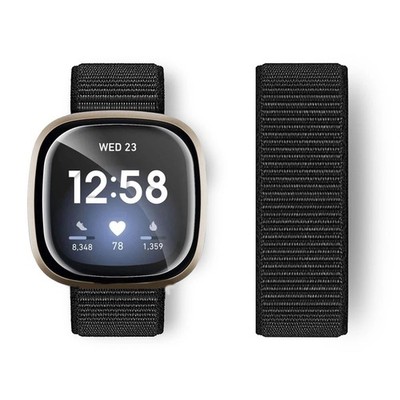 Nylon Armband Für Fitbit Versa 3 / Fitbit Sense Band Uhrenarmband Voll Schwarz